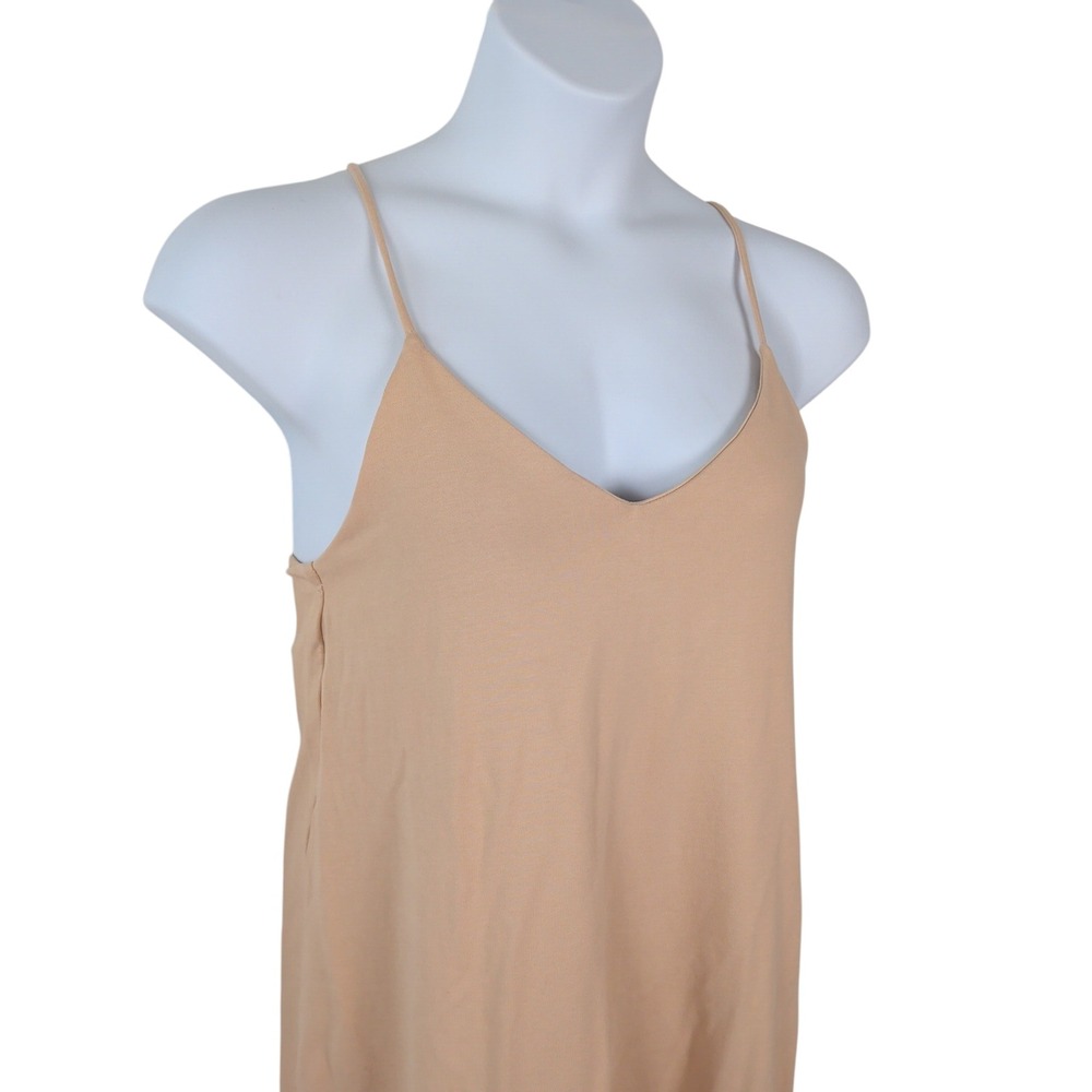 Zara Women Tan Beige Cotton V-Neck Spaghetti Strap Midi Slip Dress Large Neutral